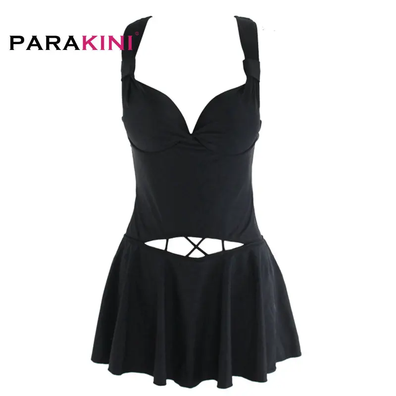 

PARAKINI 2018 Sexy Women One Piece Swimwear Hollow Out Swimsuit Skirt Black Halter Bandeau Beach Bathing Suit Monokini Tankini