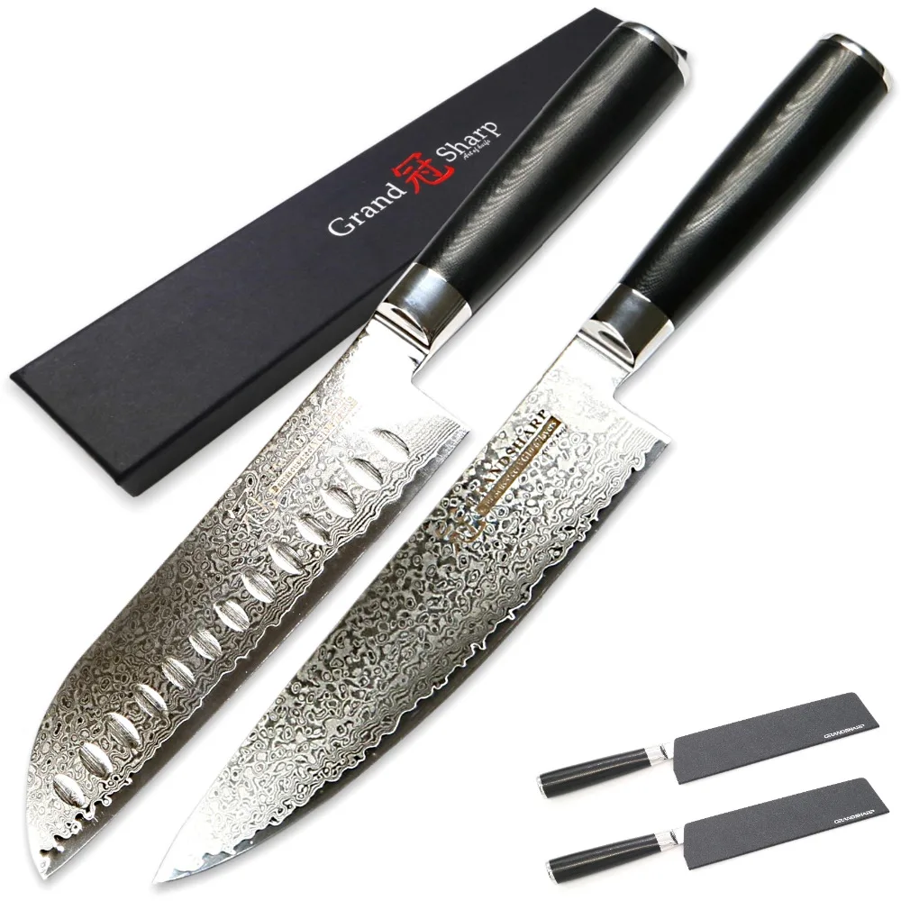 Knife Set 2 pcs Chef Santoku Damascus Kitchen Knives Japanese vg10 Damascus Stainless Steel 67