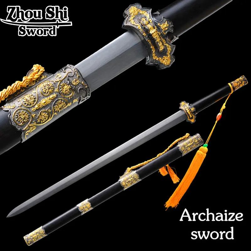 

Chinese Longquan sword Damascus steel Folding Forging Two-color alloy Of ebony sheath Home decor collectibles