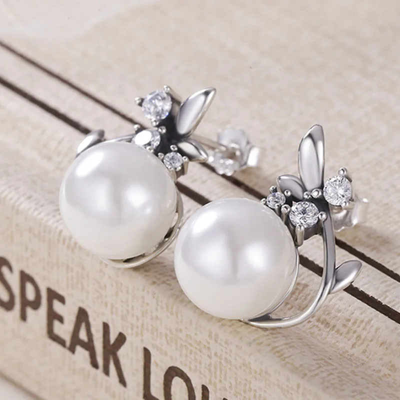 Stud earrings for women silver 925 jewelry Round Freshwater Pearls AAA Zircon Flower Engagement Wedding Party Korean Style - Image 4