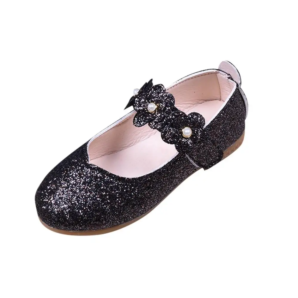 Стильные кожаные туфли принцессы с цветами для маленьких девочек, для свадебной вечеринки, для танцев, прогулочная обувь - Цвет: Черный
