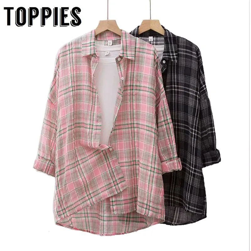 

2019 Long Sleeve Leisure Cotton Plaid Shirt Irregular Hem Overiized Shirts Women Blouses Korean Pink Black Tops