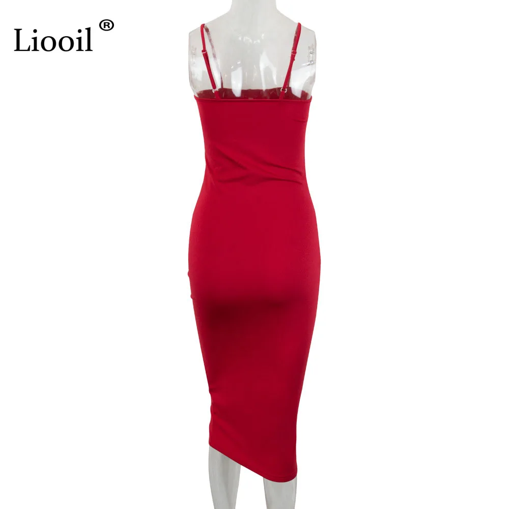 Liooil Sexy Spaghetti Strap Midi Dress Sleeveless Backless Bodycon Bandage Black Blue Red Celebrity Women Party Dresses Clubwear