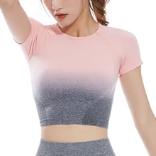 Женская Спортивная футболка, бесшовный топ с коротким рукавом, градиентный цвет, для фитнеса, для спортзала, тренировки, топы YA88