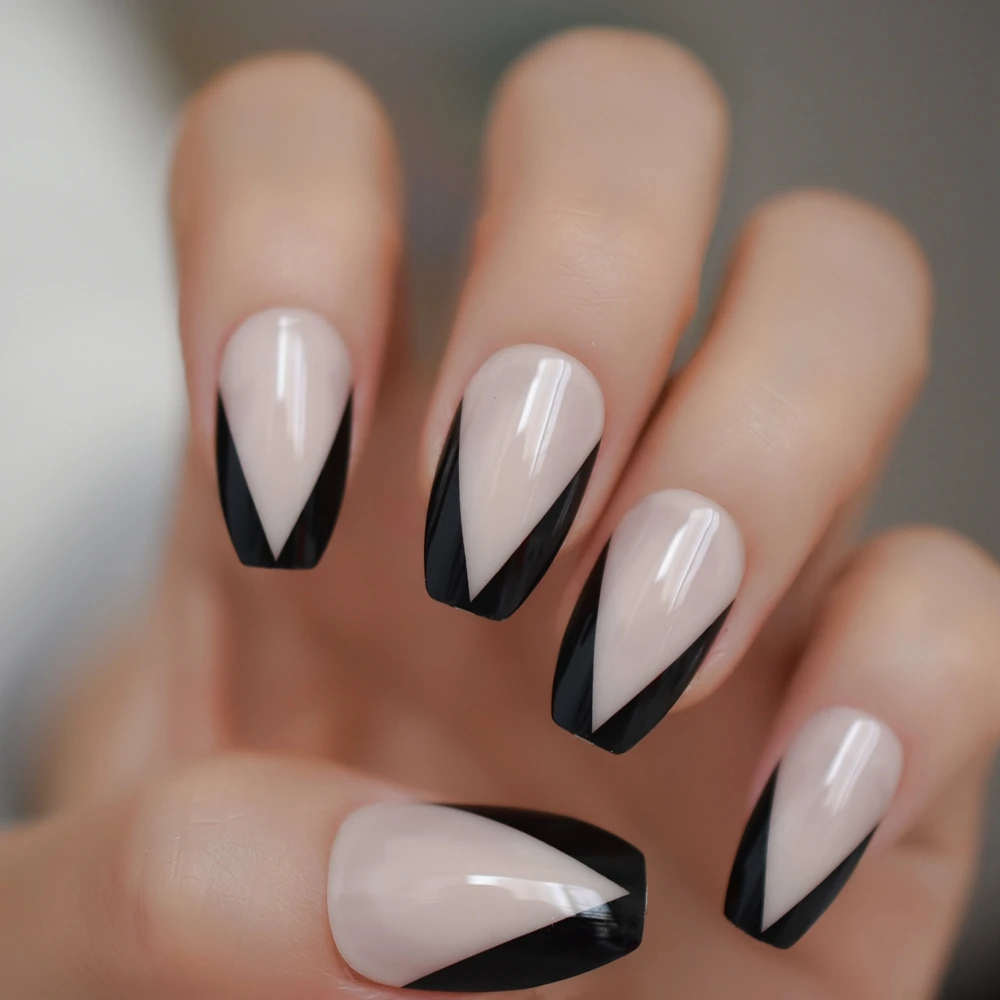 photo Coffin Shaped Coffin Black And White Acrylic Nails nude color french nail mixed black v shape fake nails uv gel polish coffin nails with adhesive tabs 24 pcs