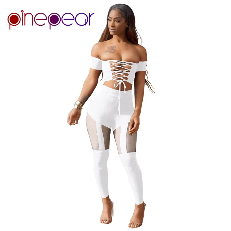 

PinePear Nightclub Outfits 2019 New Sexy Bandage 2 Pieces Set Lace Up Crop Top + Mesh Skinny Pants Celebrity Club Overalls