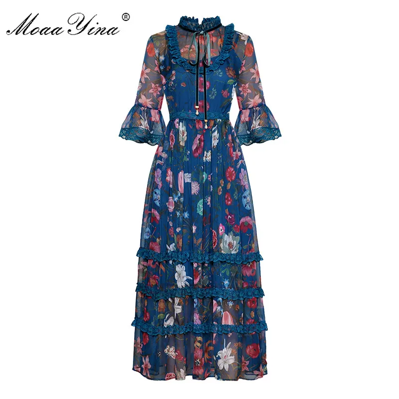 

MoaaYina Fashion Designer Runway dress Spring Summer Women Dress Stand collar Lace Ruffles Print Chiffon Dresses