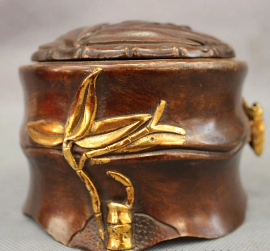 

song voge gem S3662 Chinese Bronze Gilt Bamboo Pole Leaf Fly Cicada Statue Box Incense Burner Censer