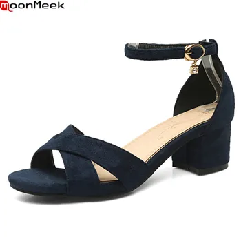 

MoonMeek 2020 summer flock sandals with buckle round toe square heels red black bule colour mature sandals women shoes