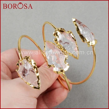 

BOROSA Two Natural White Quartz Stone Arrowhead Shape Cuff Bangle Gold Color Crystal Quartz Stone Adjustable Bangle G0528