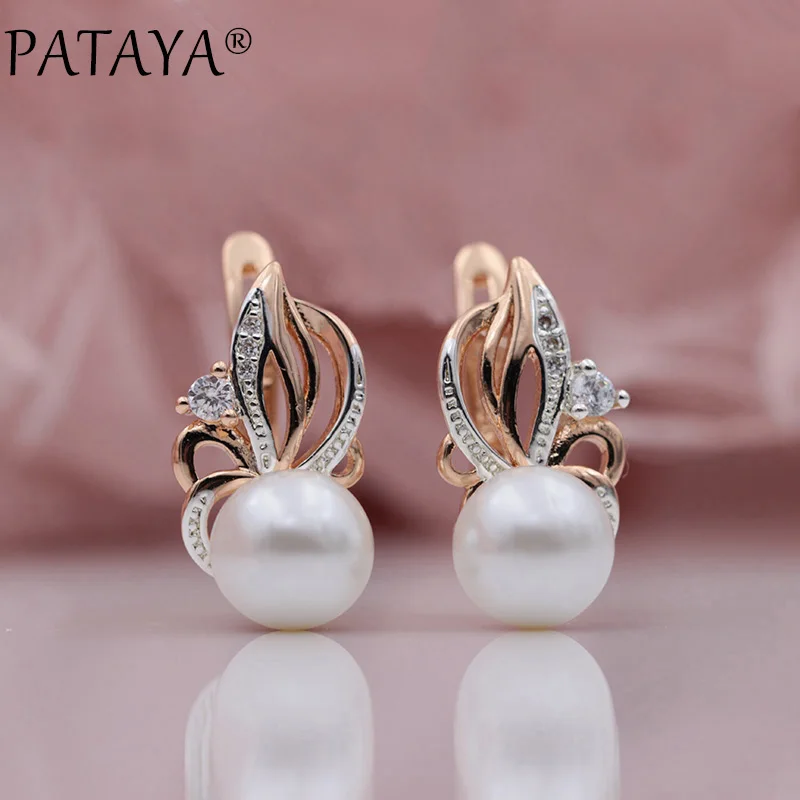 PATAYA New Women Exclusive Flame Type 585 Rose Gold Shell Pearls Drop Earrings White Natural Zircon RU Hot Party Wedding Jewelry