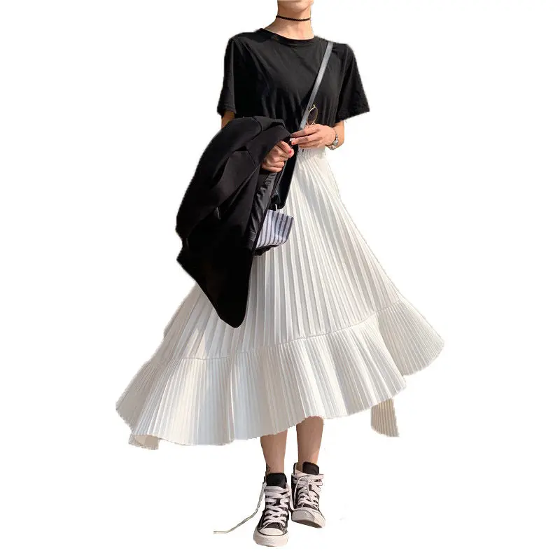 

Summer New Women Skirt Irregular High Waist Pleated Skirt Midi Falda Mujer Moda 2019 Ruffle Korean Satin Long Runway Saia f732