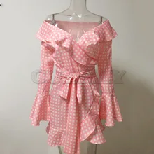 Cuerly Red dot print sexy short dress vestidos Summer flare sleeve plaid bow ruffle dress Off should dress women two piece setL5 Cuerly Red dot print sexy short dress vestidos Summer flare sleeve plaid bow ruffle dress Off should dress women two piece setL5