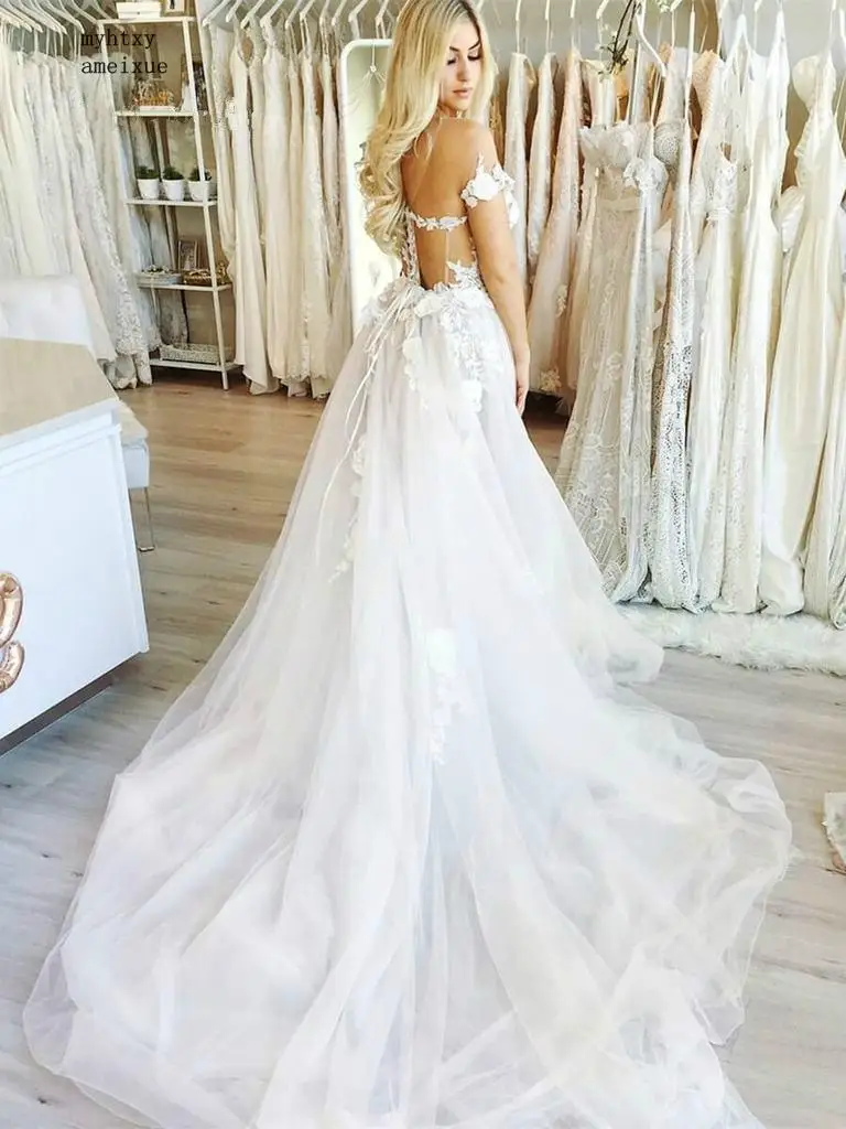 Недорогое пляжное свадебное платье Аппликация Boho свадебный наряд пухленькие женские сексуальный тюлевый с открытой спиной круглый вырез свадебное платье плюс размер