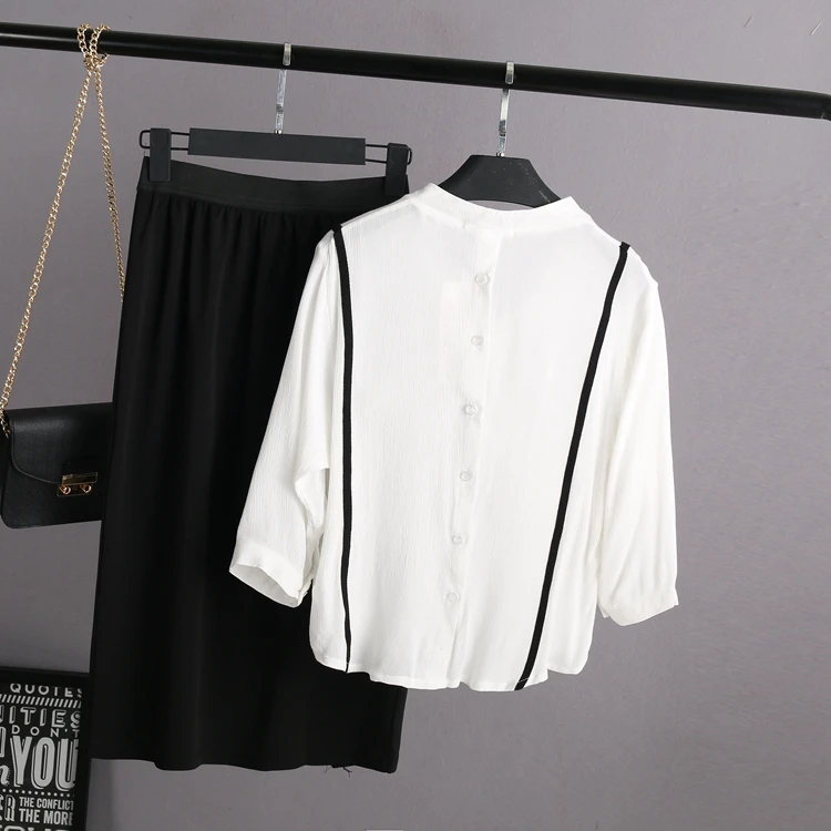 Топ, вуаль, хлопок, полиэстер, 2xl, 3xl, большой размер, женская новая весенняя Простая рубашка с v-образным вырезом, рукав три четверти, с юбкой, наборы