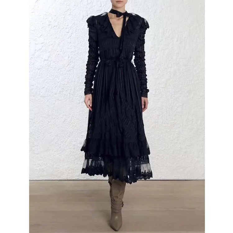 

2019 New Style Spring A Line Lace Up Ruffles Mid Calf Dress Long Sleeve V Neck Women Patchwork Lace Zim Dress X326