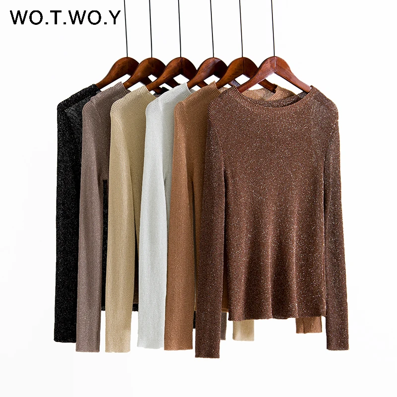 

WOTWOY 2019 Autumn Winter Shiny Lurex Basic Sweaters Women O-neck Long Sleeve Thin Slim Pullovers Female Casual Knitted Tops