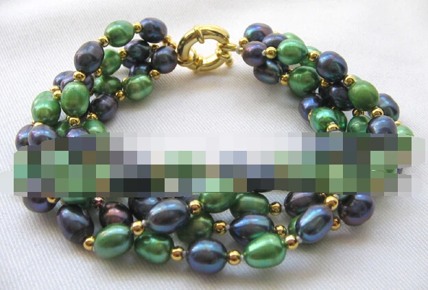 

00963 5row 8" black green baroque freshwater pearl bracelet-GP clasp