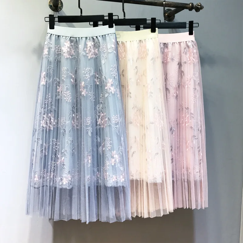 

2018 embroidery floral tulle sweet skirt women mesh high elasticity waist retro casual female elegant pleated skirt party style