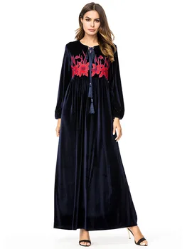 

New Fahion Plus Size Islamic Muslim Abaya Women Maxi Long Sleeve Korean pleuche Dress kaftan dubai Dress malaysia 7215#