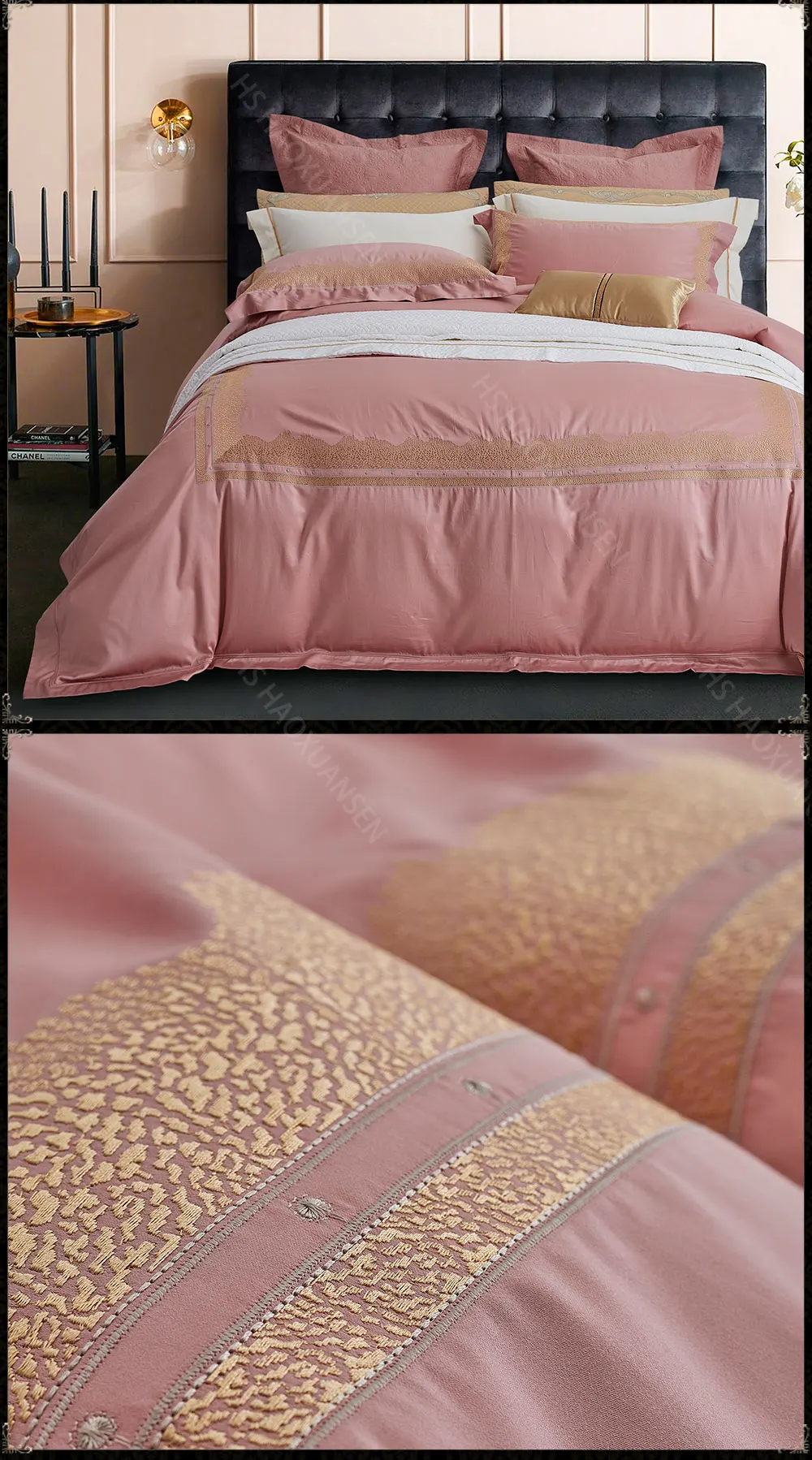 Cheap Luxury Euro Embroidery 4pcs Pink Bedding Sets 1000 Thread Count Egyptian Cotton Bed Clothes Double Sheets Set Queen King Size 3