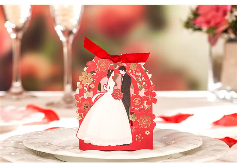 1 Набор, красные роскошные свадебные пригласительные открытки с цветочным рисунком, элегантные Пригласительные открытки для жениха и невесты, конверты, украшения для свадебной вечеринки - Цвет: 1 candy gifts box