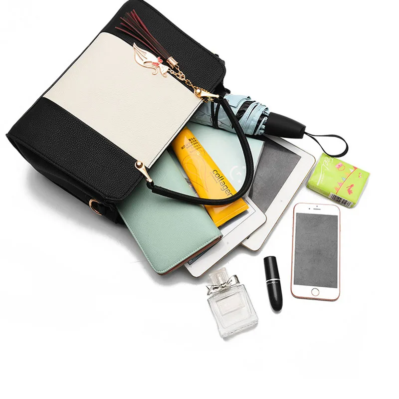 العاشق-الصيف النساء ضرب اللون حقائب يد جلدية عارضة حمل أكياس Crossbody حقيبة الأعلى مقبض حقيبة مع شرابة و القط قلادة (الأسود)