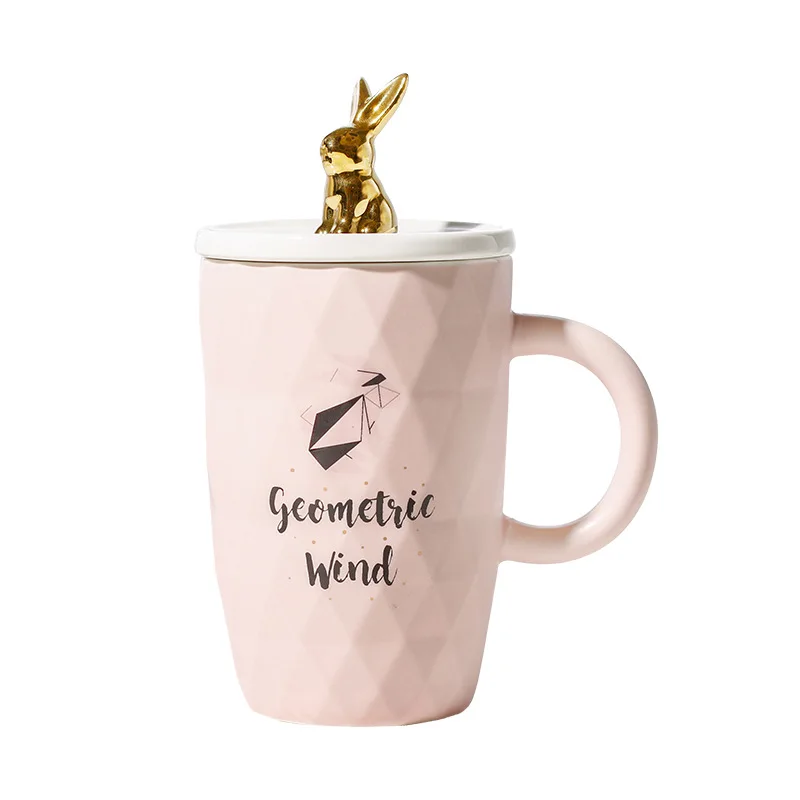 

New cartoon rabbit mug with spoon cover,Large Capacity Animal Mugs 400ml Bone china milk cup Drinkware Coffee Tea Cups