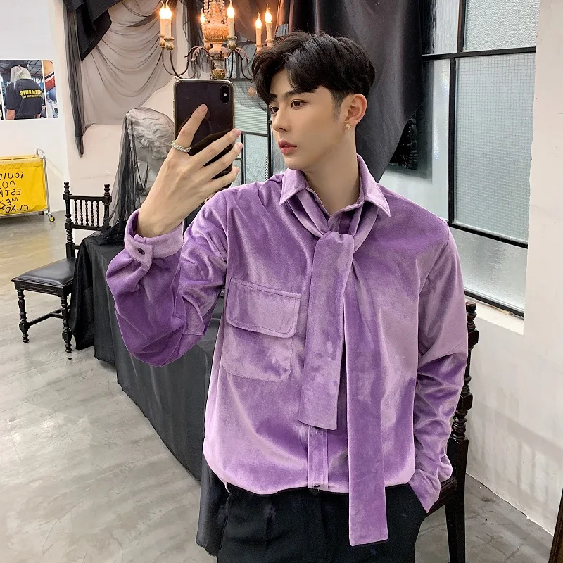 

Men Velvet Casual Long Sleeve Shirt Vintage Fashion Japan Harajuku Male Tie Collar Shirts
