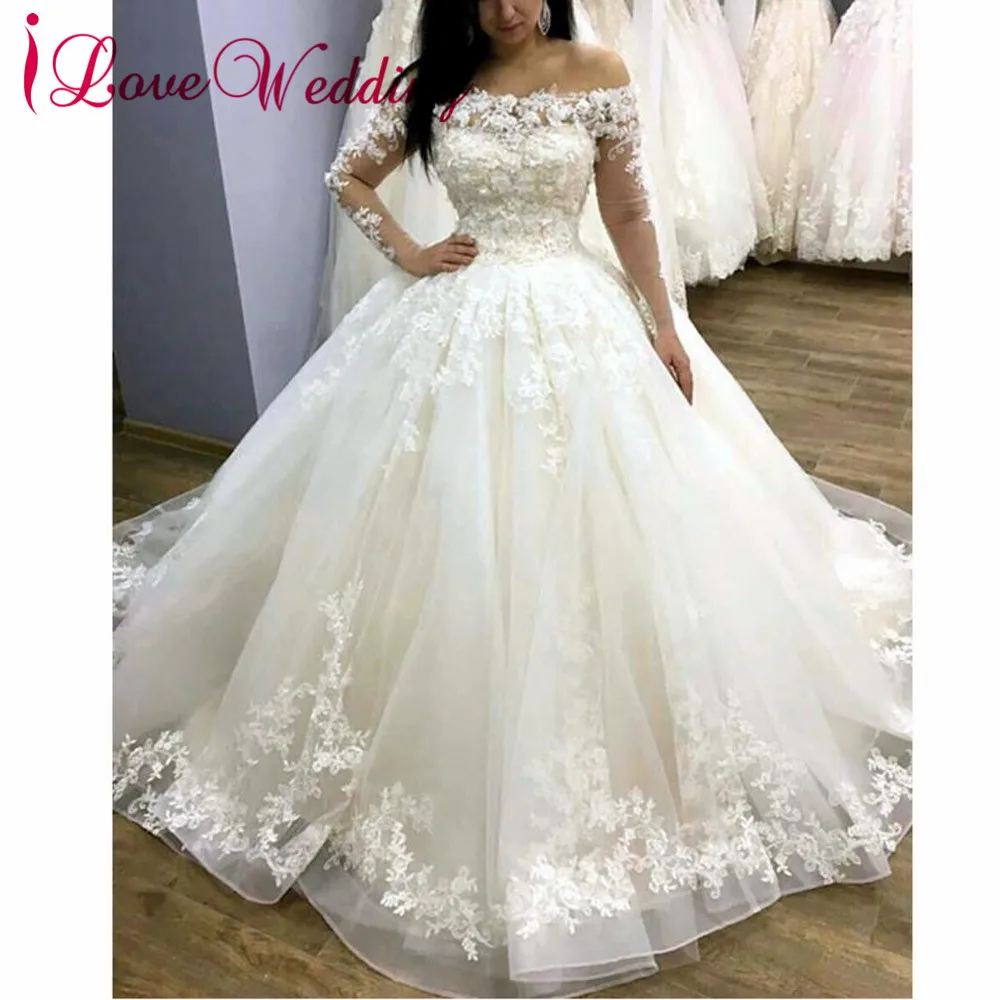 

iLoveWedding Ball Gown Wedding Dress Boat Neck Lace Applique Custom made Long Sleeves Wedding Gown gelinlik