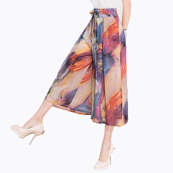 

Plus Size 4XL Chiffon Wide Leg Pants Female 2020 Summer Korean High Waist Print Chiffon Skirts Pants Women's Casual Loose Pants