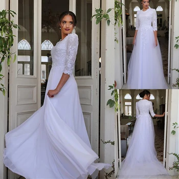 

Stunning Tulle Jewel Neckline A-line Wedding Dresses With Beaded Lace Appliques & Detachable Skirt Half Sleeves Bridal Gowns