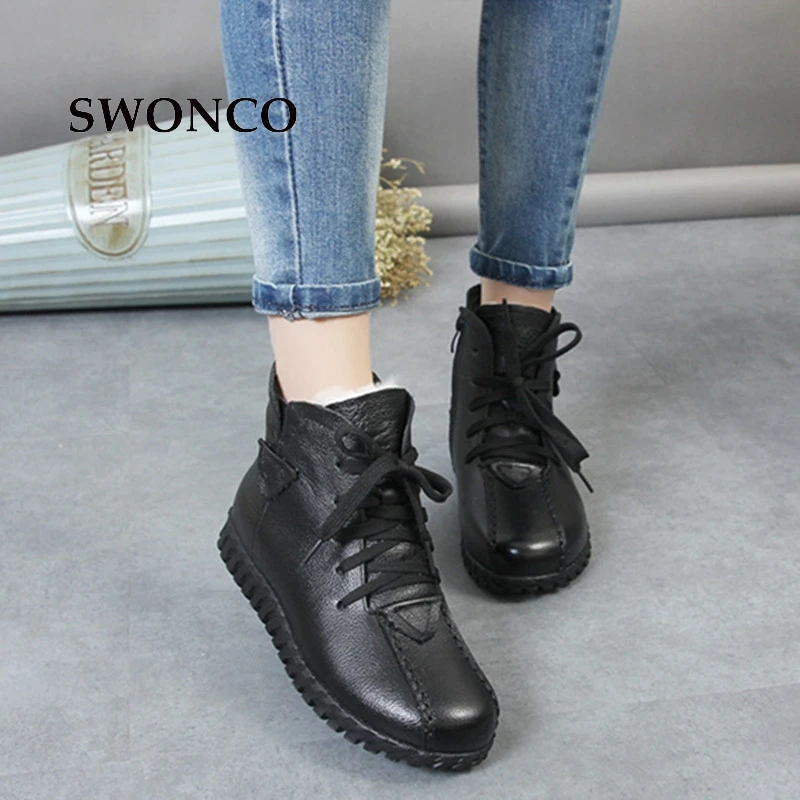 SWONCO Women's Winter Boots Genuine Leather Fur Wool Warm Woman Snow Boot Ankle Boots For Women Black Flat Ladies Shoes Boot Women's Shoes