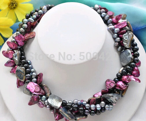 

Free Shipping>4strands black purple BAROQUE RICE FRESHWATER tail pearl SHELL necklace 18inch
