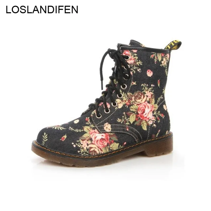 

Women Winter Autumn Boots Ladies Ankle Boots Round Toe Floral Shoes Flats Cowboy Style Lace Up Booties Bota Feminina 8H0421