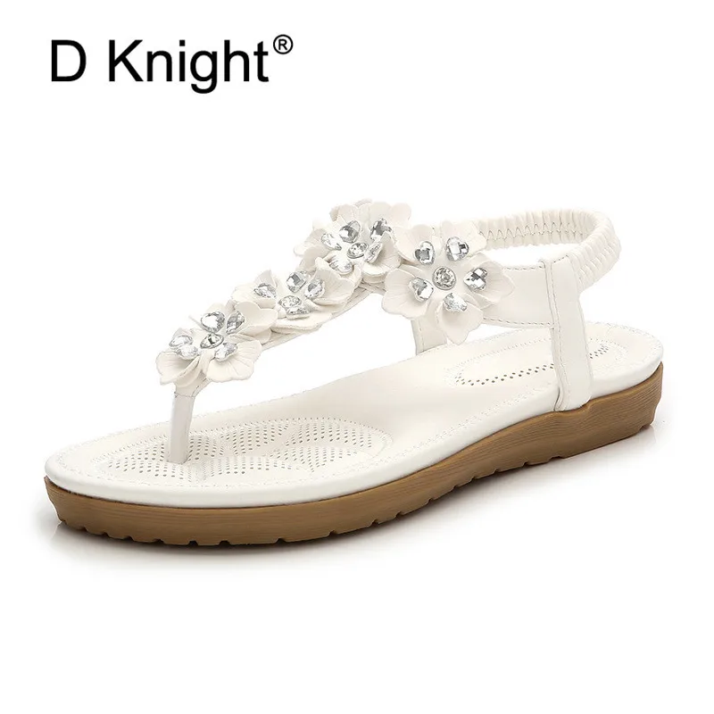 2018 Fashion Women Sandals Flowers Crystal Summer Gladiator Shoes Ladies Bohemia Shoes Woman Soft White Beach Shoes Flat Sandals (6)