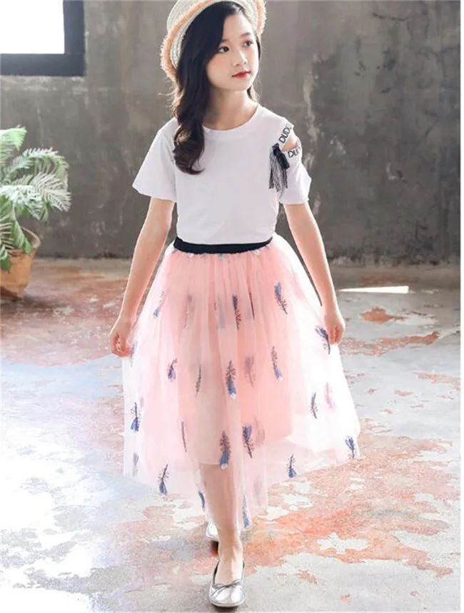 CUHK/Детская длинная юбка в Корейском стиле с перьями юбка из сетчатой пряжи 3 цвета, модная юбка для девочек