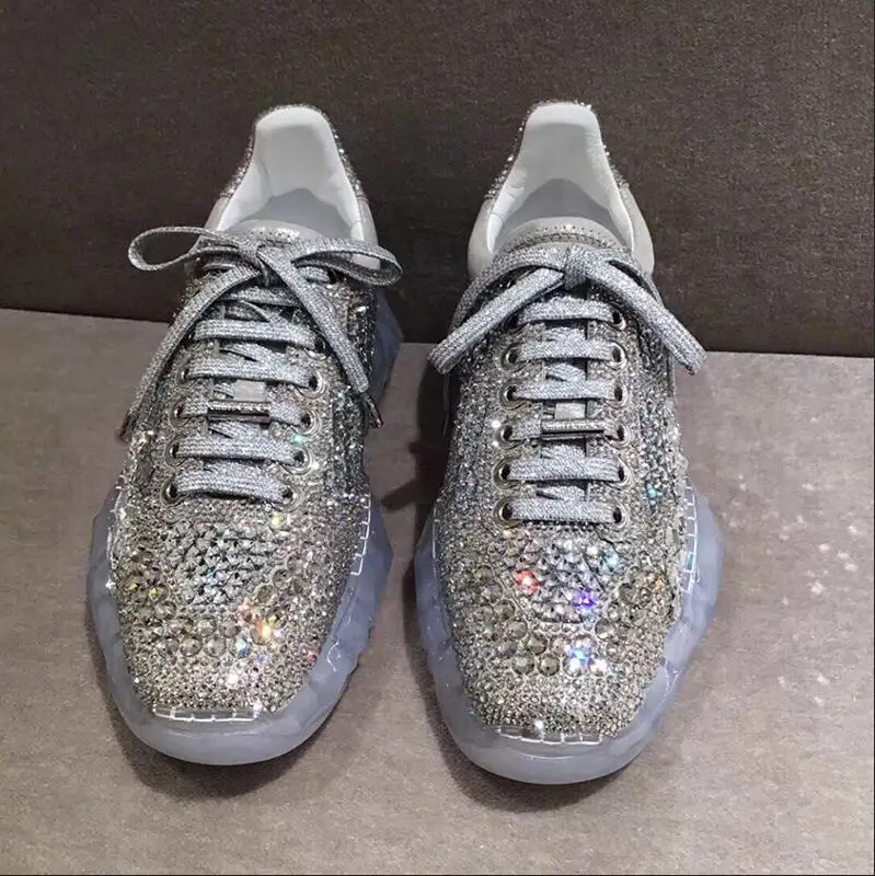 Shiny Silver Женские кроссовки наивысшего качества со стразами; повседневная обувь на шнуровке; шикарная обувь с блестящими серебряными звездами; Роскошные прозрачные кроссовки на толстом каблуке - Цвет: Shiny Silver