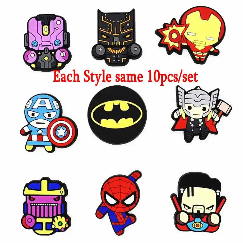 

10Pcs Cartoon Super Heros Cool Man PVC Flat back Accessories DIY Gadgets crafts shoe clogs Charms Anime rings boys Party Gift