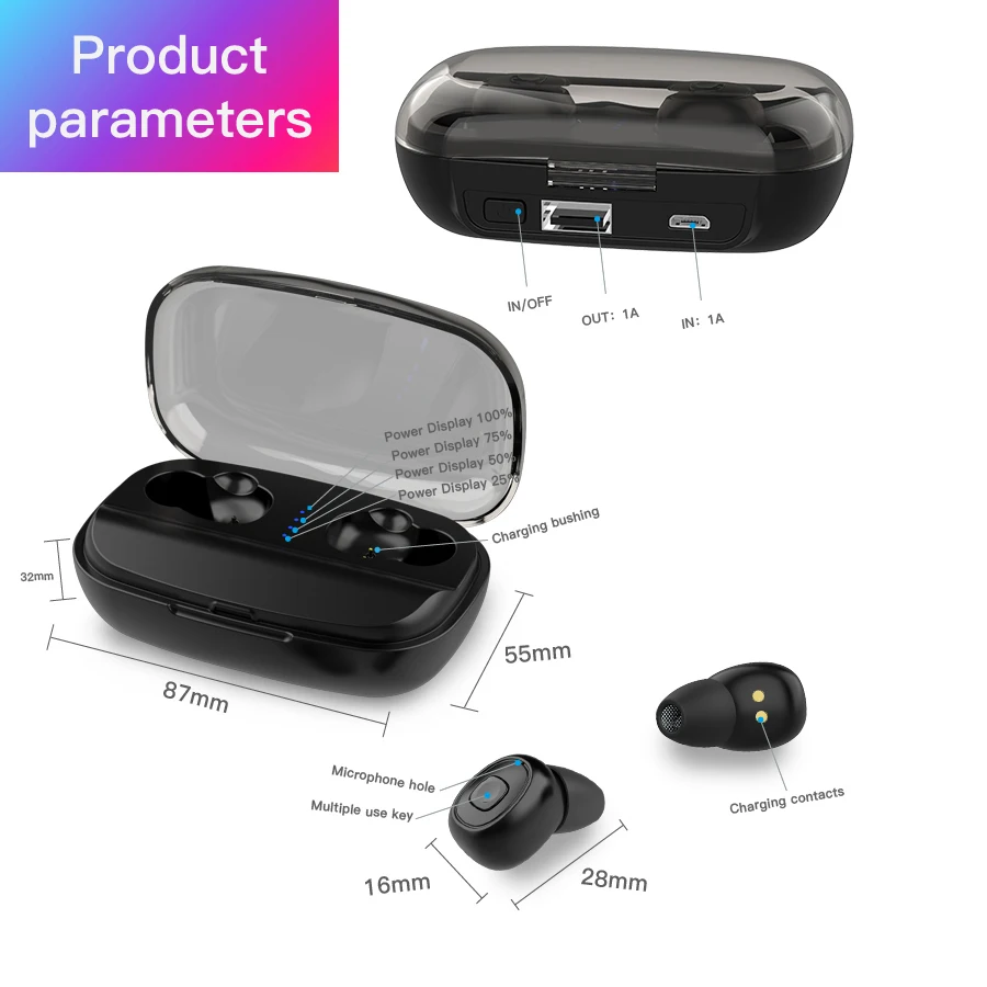 TWS Bluetooth наушники мини беспроводные 3000 мАч зарядный чехол HiFi с микрофоном стерео