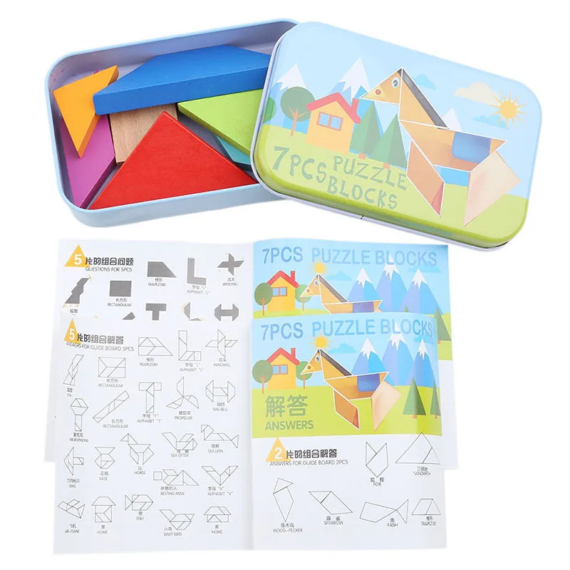 Деревянные Tangram 7 частей головоломки Красочные квадратные игры головоломки интеллектуальные Обучающие игрушки для детей