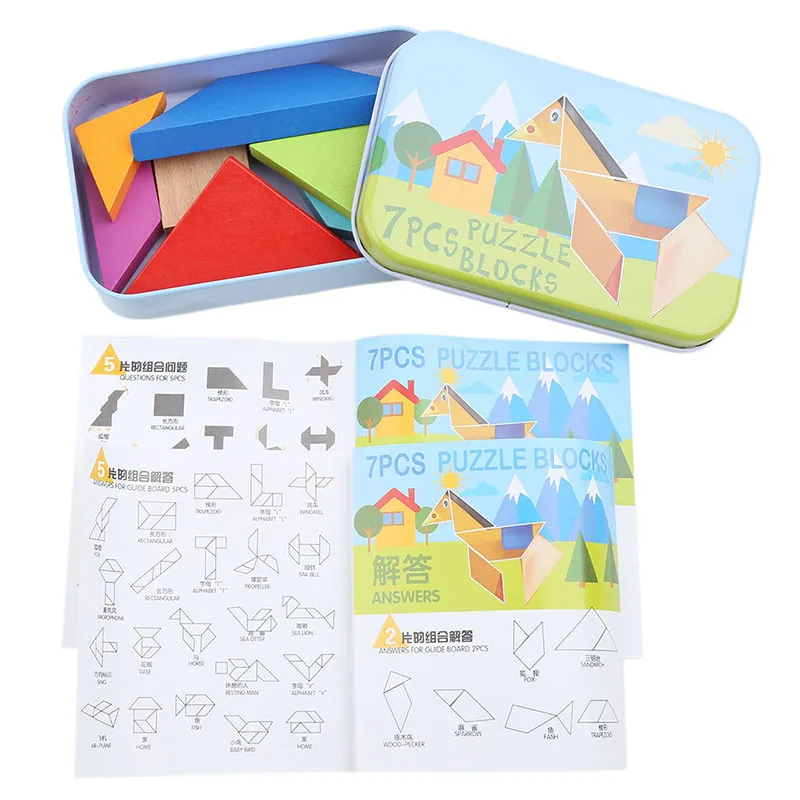 

Wooden Tangram 7 Piece Jigsaw Puzzle Colorful Square Game Brain Teaser Intelligent Educational Toys For Kids