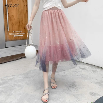

FTLZZ Gradient Color Skirt Mesh Maxi Casual Stars Pleated Skirts Spring Summer High Waist Long Patchwork Skirts