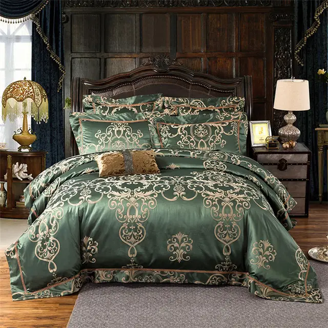 No.1 10 Army Green/Gold/White/Blue Jacquard Silk Bedding Set Luxury 4