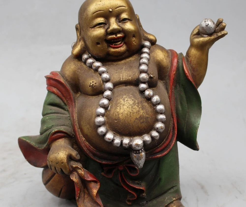 

8" Lucky Chinese Buddhism Bronze Happy Laugh Maitreya Buddha money sack Statue