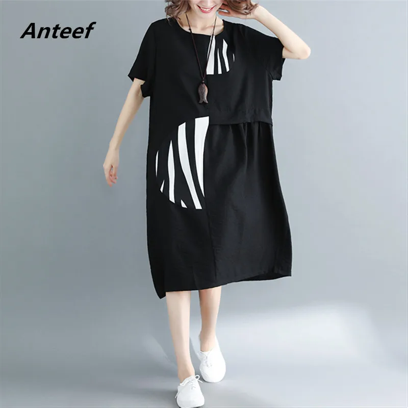 

black cotton linen plus size vintage women casual loose midi summer dress elegant clothes 2019 ladies dresses sundress