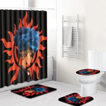 

African Girl Printed Waterproof Shower Curtain Pedestal Rug Toilet Lid Cover Bath Mat Set Black Bathroom Shower Curtain Set