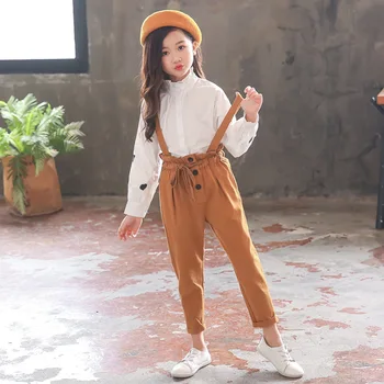 

Children clothing Sets autumn Fashion Kids Girls Cotton Love Heart Shirt+Overall Pants 2Pcs suit Girls Ruffle Collar clothes Set