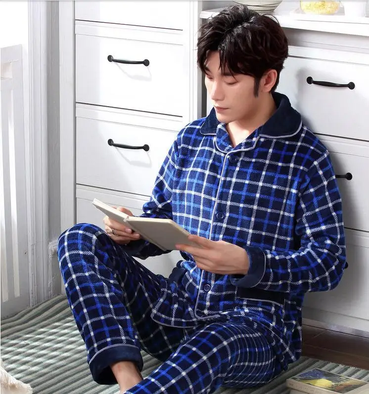 Fashion Brand Luxury Winter Pajamas Men Sleepwear Thick Warm Coral Fleece Mens Pajama Set Male Nightwear Leisure Home Clothing