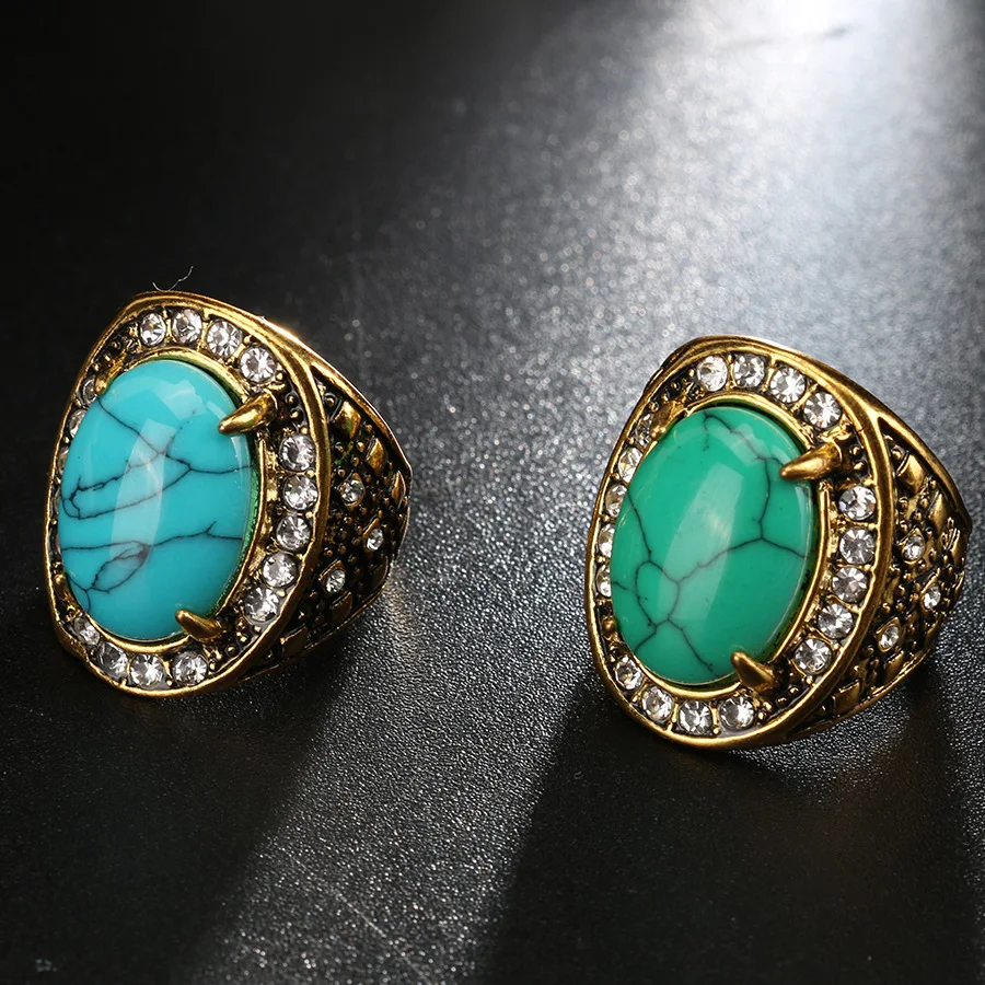 Kovtia Retro Gold Color Red Rhinestone Ring Punk Jewelry Wide Rings For